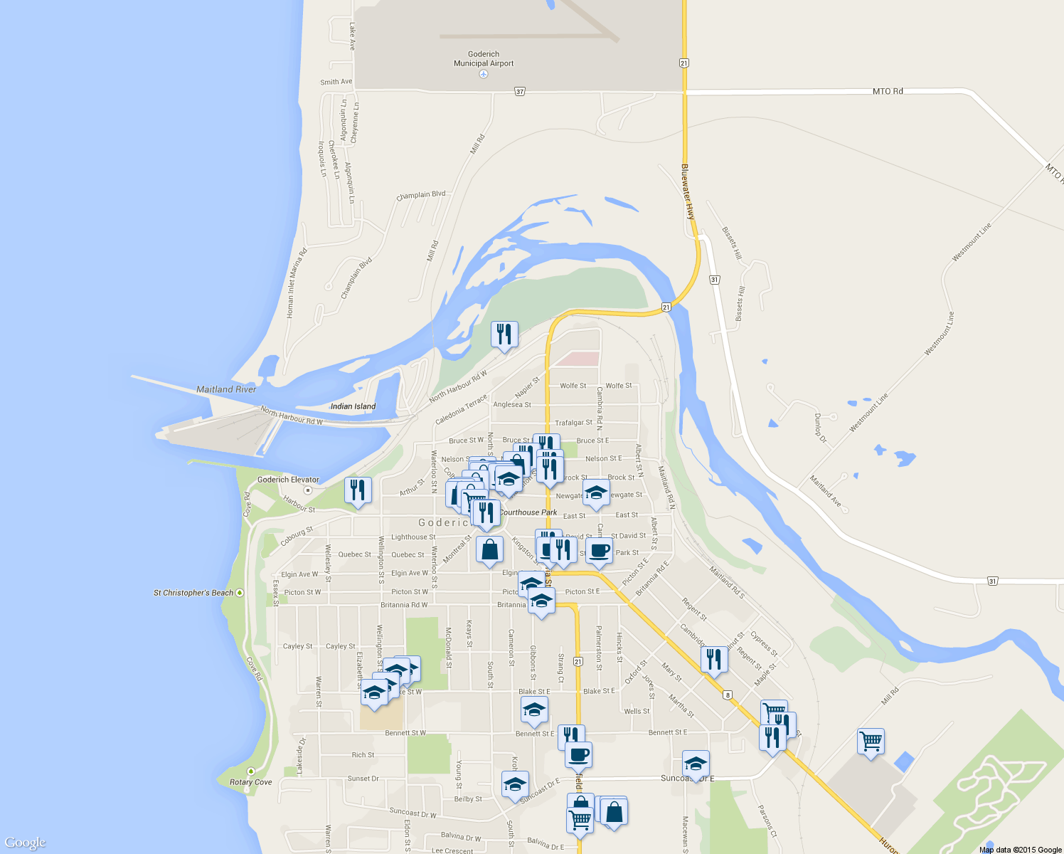 map of restaurants, bars, coffee shops, grocery stores, and more near 54 Trafalgar Street in Goderich