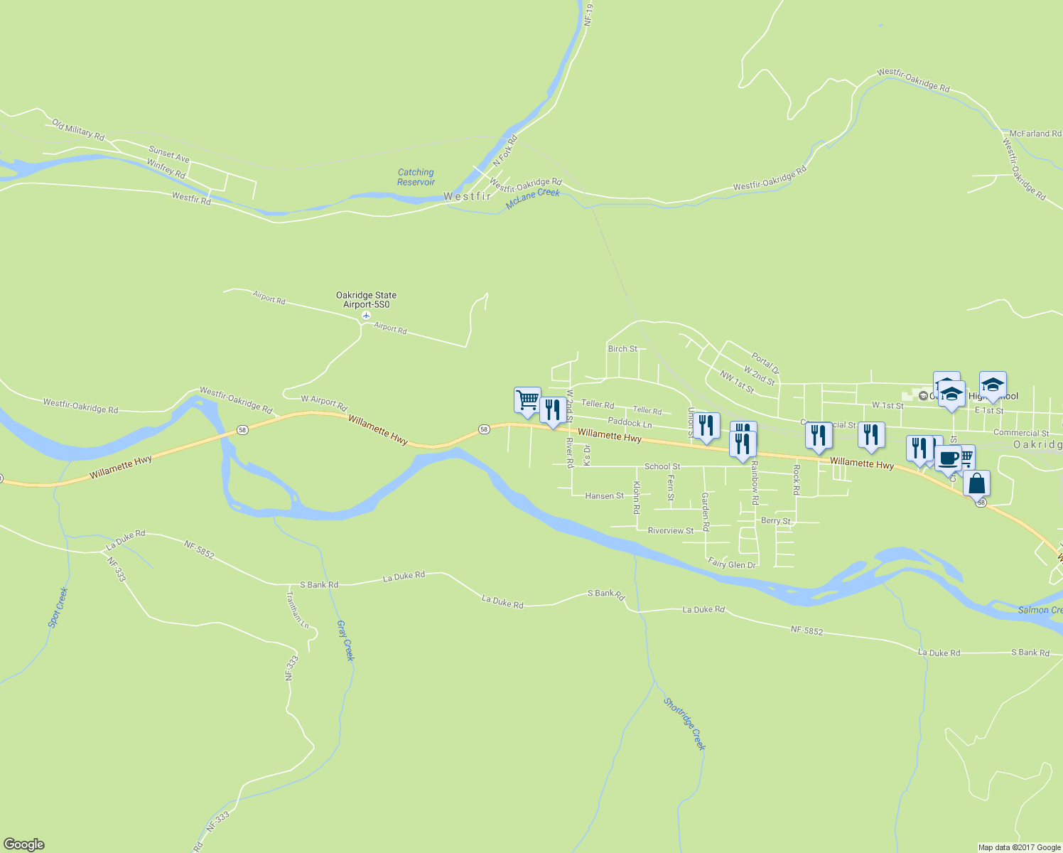 map of restaurants, bars, coffee shops, grocery stores, and more near 76403 Thatcher Lane in Oakridge