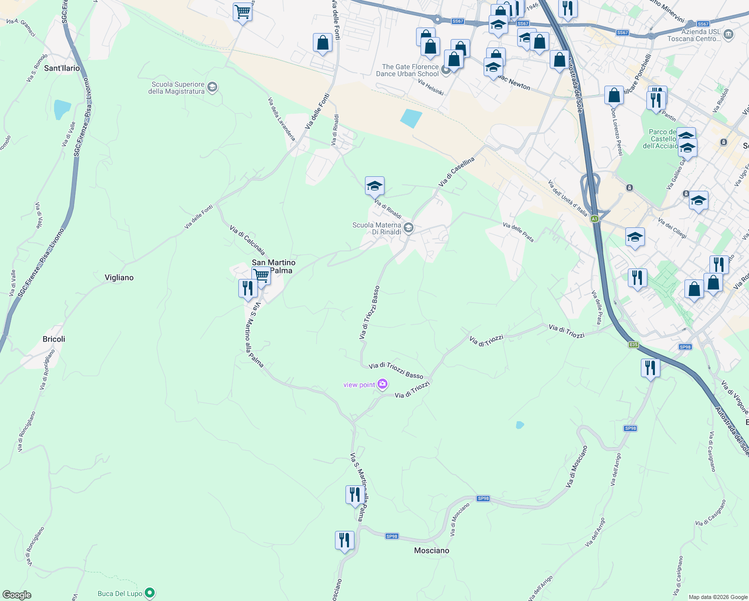 map of restaurants, bars, coffee shops, grocery stores, and more near 18 Via di Triozzi Basso in Città Metropolitana di Firenze