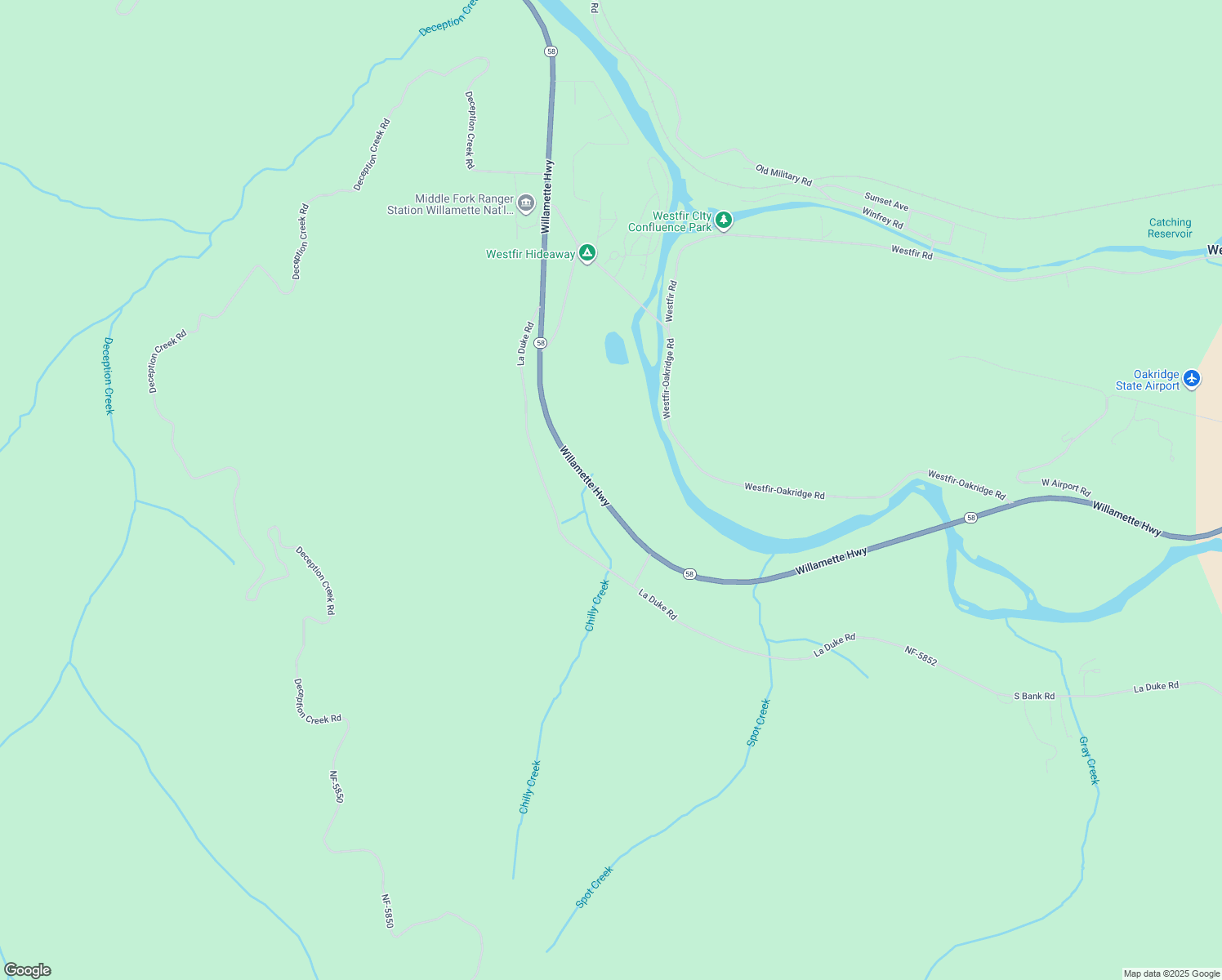 map of restaurants, bars, coffee shops, grocery stores, and more near 46407 Oregon 58 in Westfir