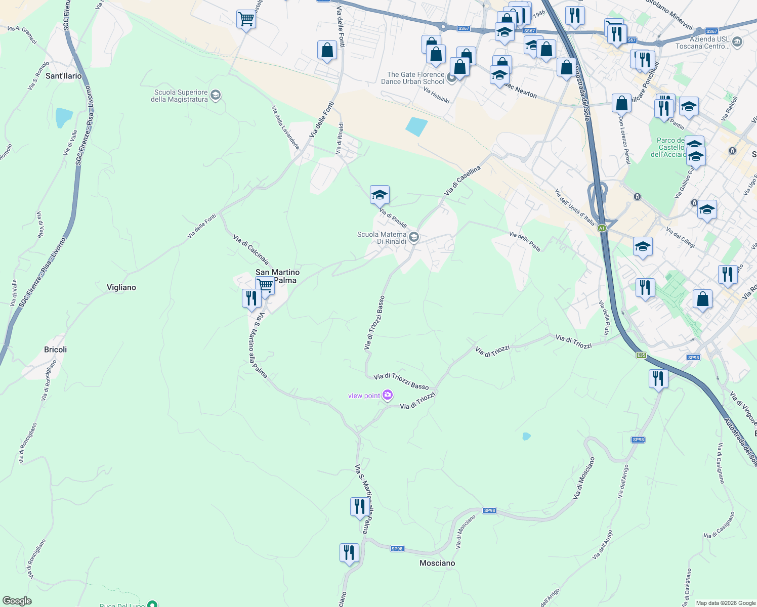 map of restaurants, bars, coffee shops, grocery stores, and more near 18 Via di Triozzi Basso in Città Metropolitana di Firenze