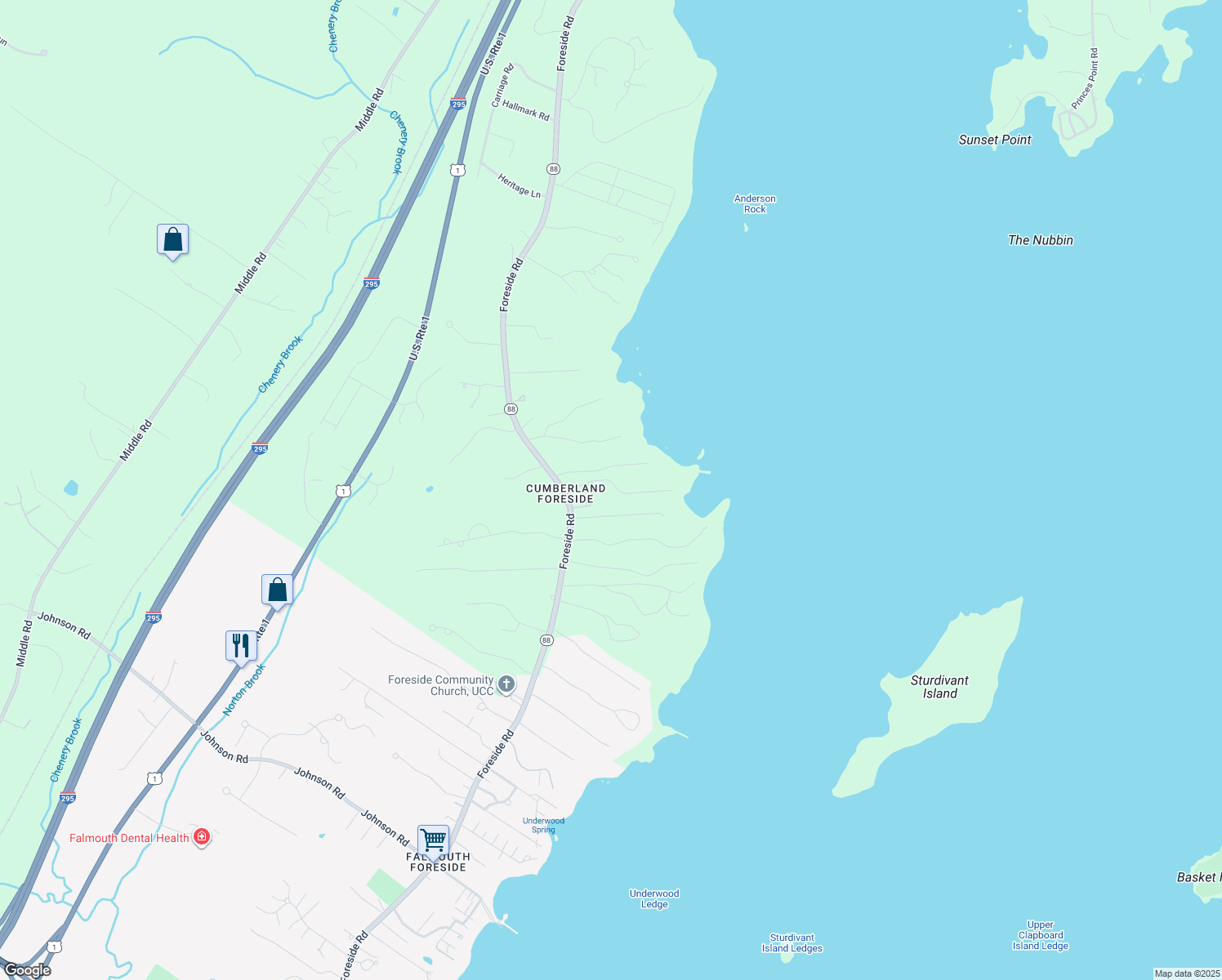 map of restaurants, bars, coffee shops, grocery stores, and more near 7 Longmeadow Road in Cumberland