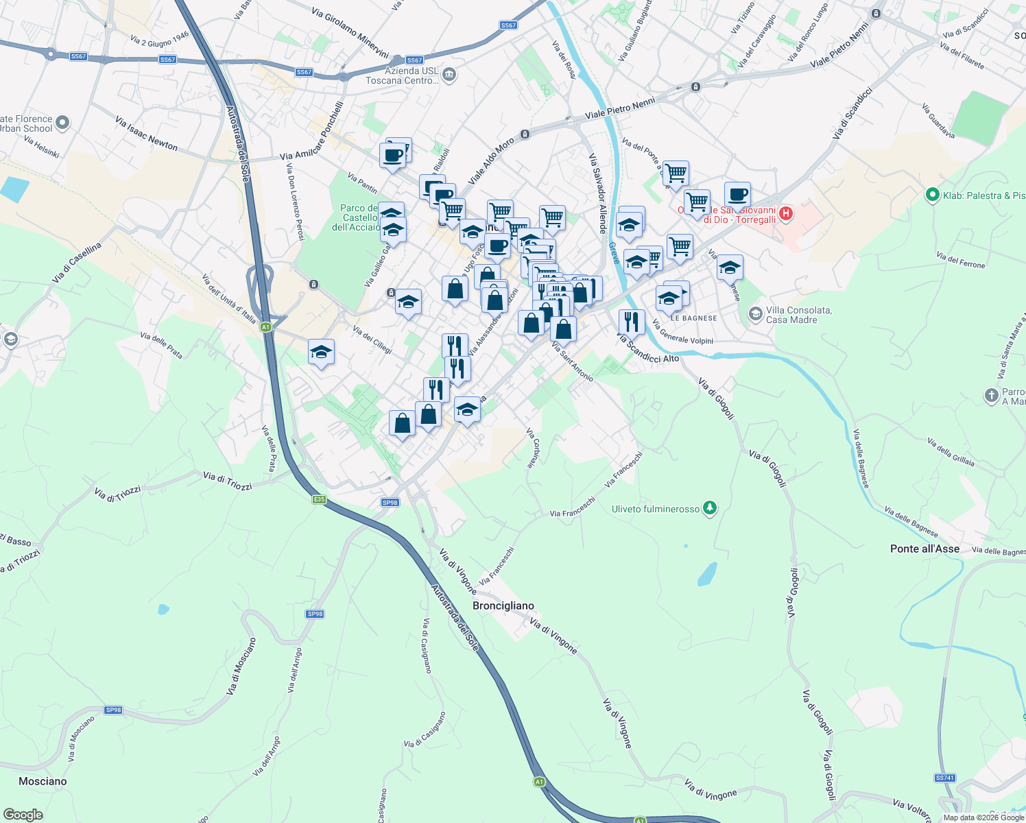 map of restaurants, bars, coffee shops, grocery stores, and more near 29 Via Corbinaie in Scandicci