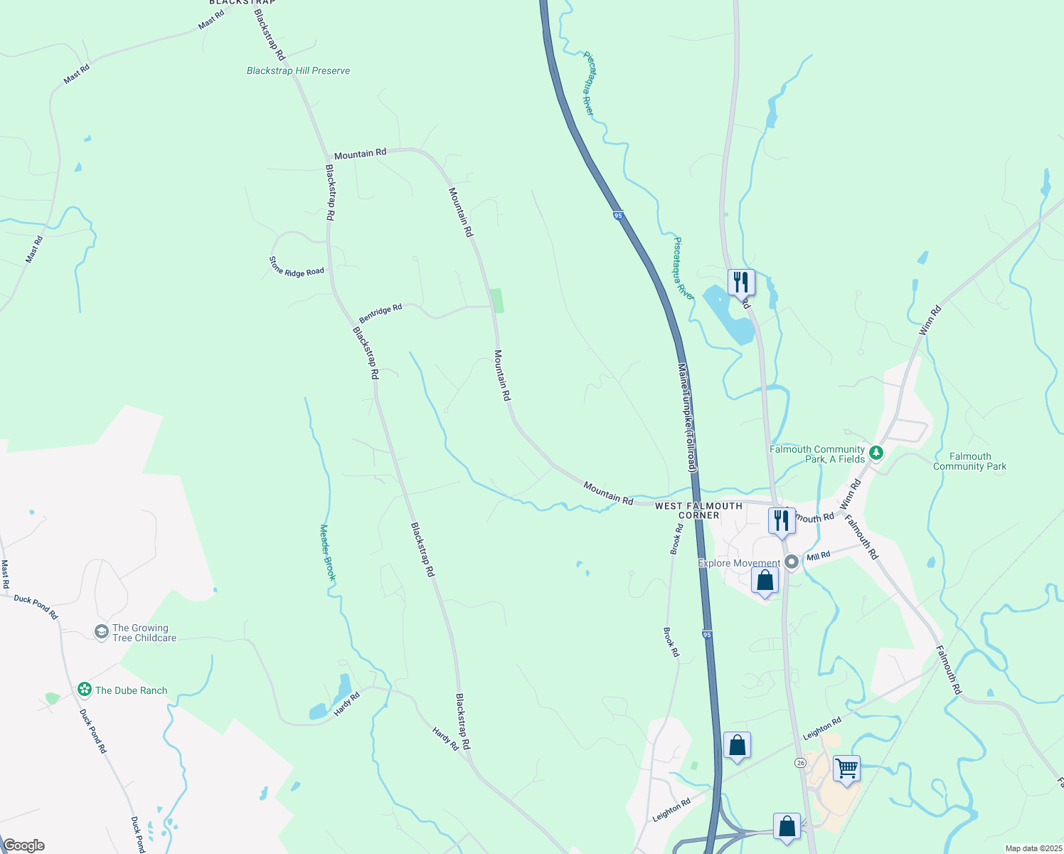 map of restaurants, bars, coffee shops, grocery stores, and more near 85 Mountain Road in Falmouth