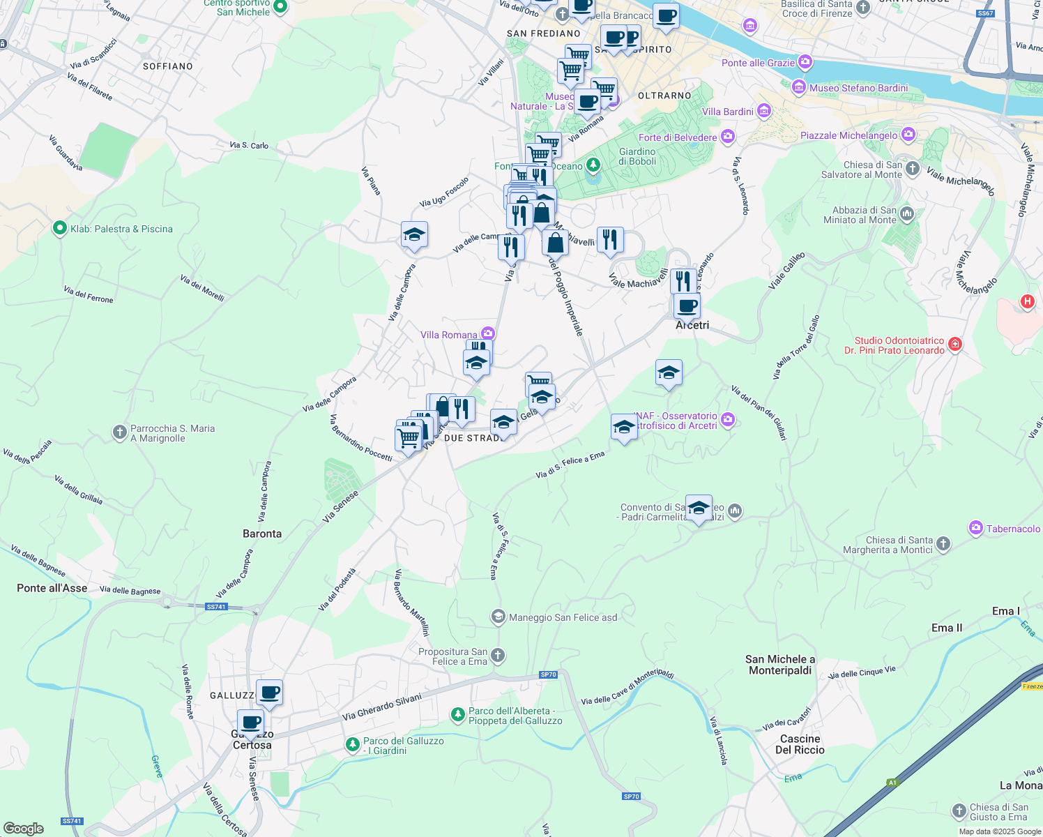 map of restaurants, bars, coffee shops, grocery stores, and more near 43 Via del Gelsomino in Firenze