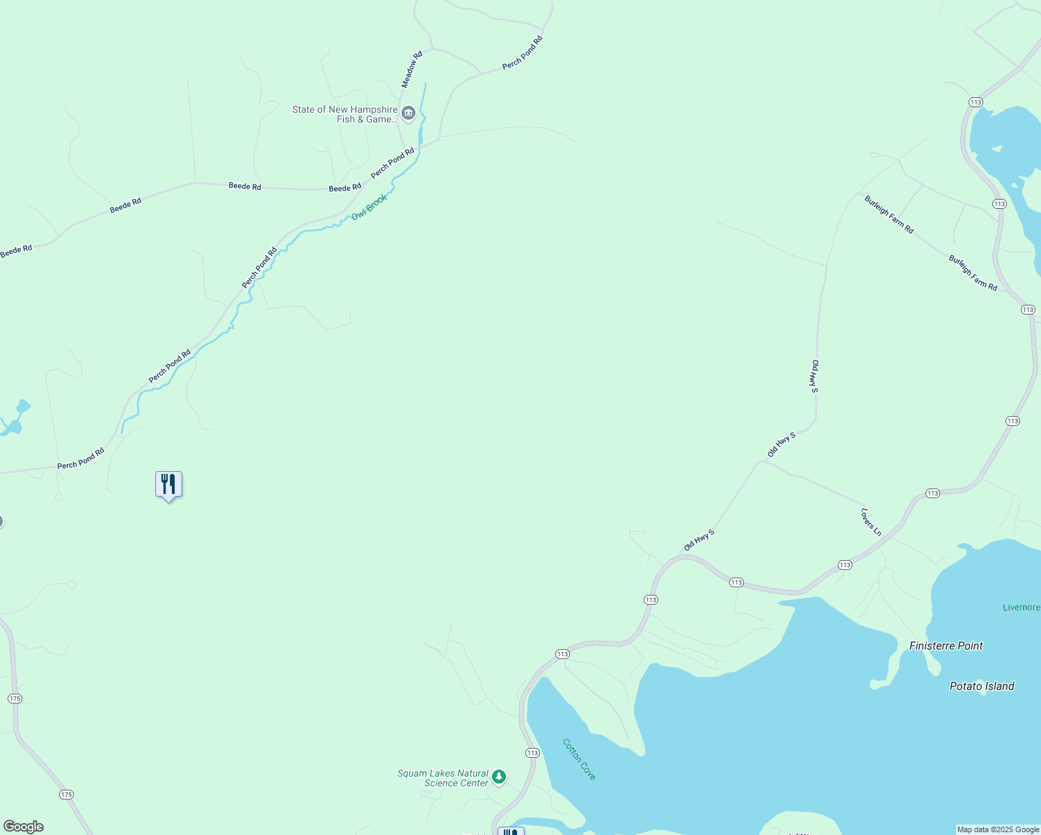 map of restaurants, bars, coffee shops, grocery stores, and more near New Hampshire 113 in Holderness