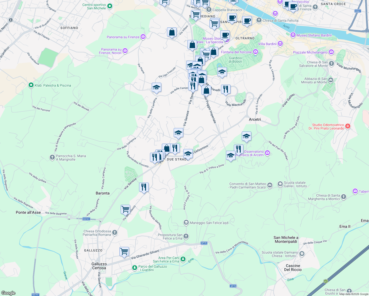 map of restaurants, bars, coffee shops, grocery stores, and more near Via Giovanni Alfonso Borelli in Florence