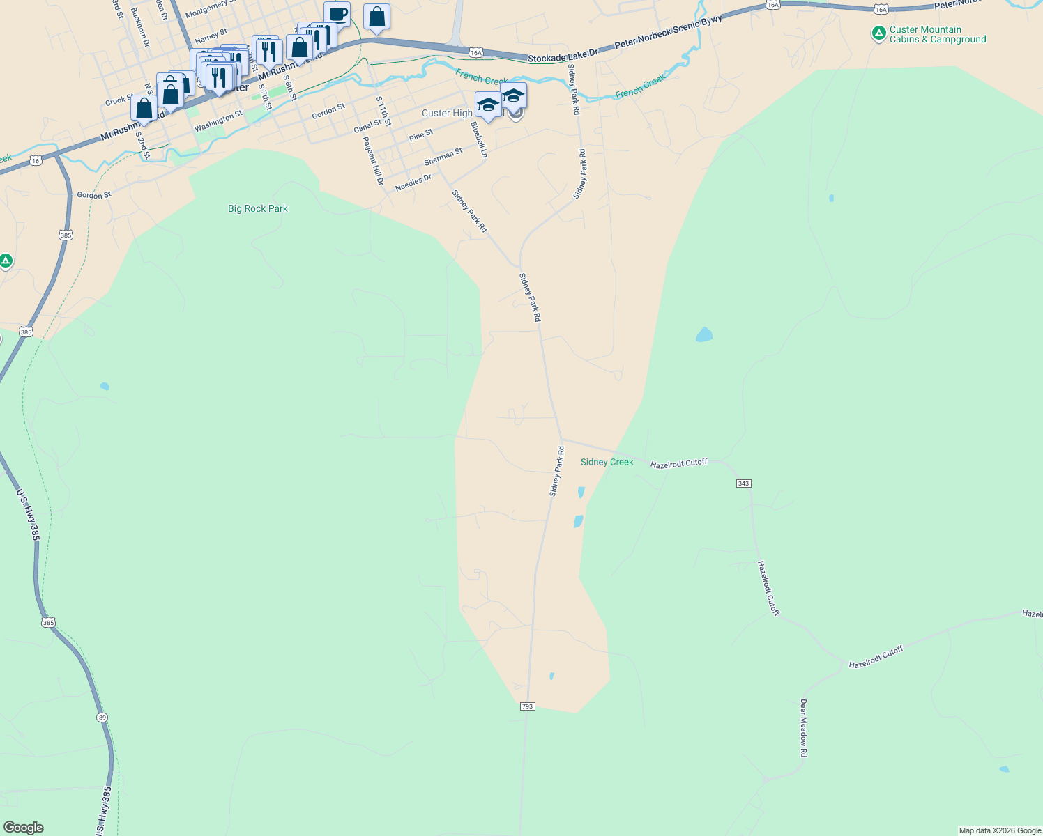 map of restaurants, bars, coffee shops, grocery stores, and more near Windmill Lane in Custer