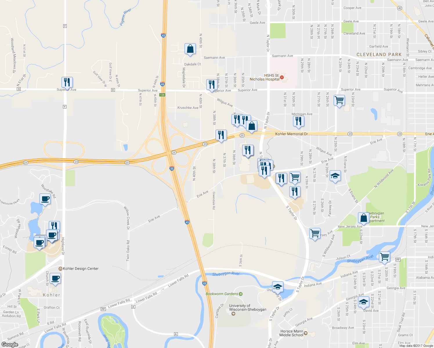 map of restaurants, bars, coffee shops, grocery stores, and more near 705 North 38th Street in Sheboygan