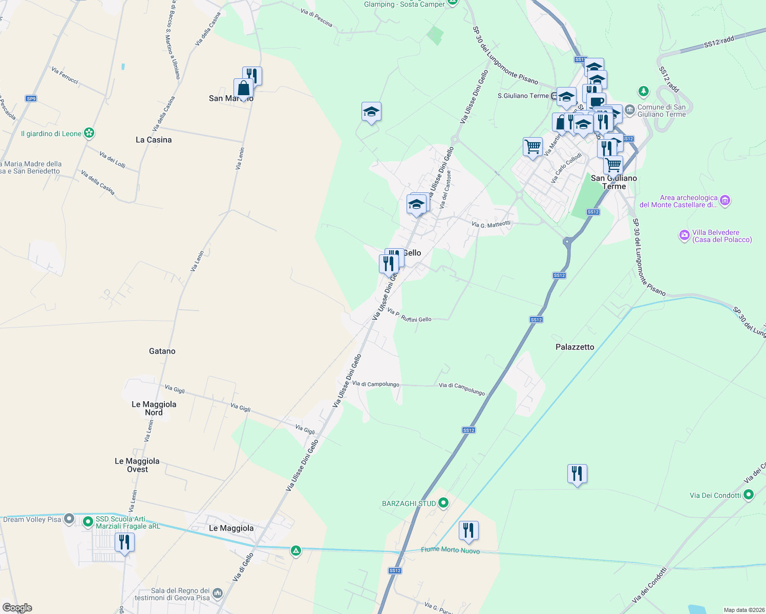 map of restaurants, bars, coffee shops, grocery stores, and more near 75A Via Ulisse Dini Gello in Gello