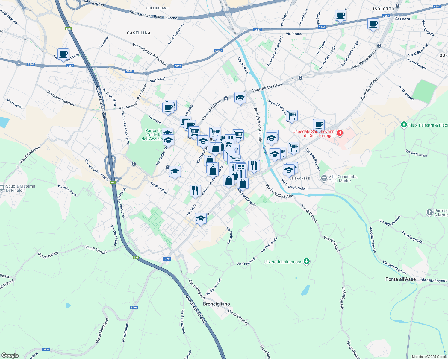 map of restaurants, bars, coffee shops, grocery stores, and more near 2 Via Renato Fucini in Scandicci