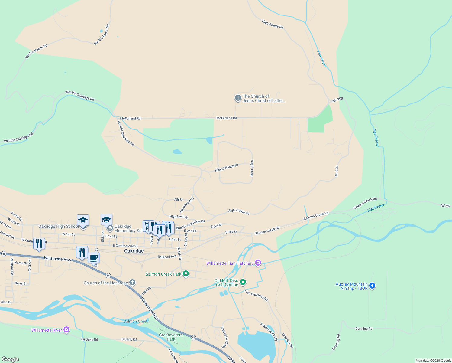 map of restaurants, bars, coffee shops, grocery stores, and more near 76703 Bugle Loop in Oakridge
