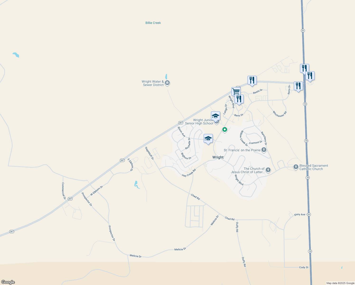 map of restaurants, bars, coffee shops, grocery stores, and more near 199 Prairieview Dr in Wright