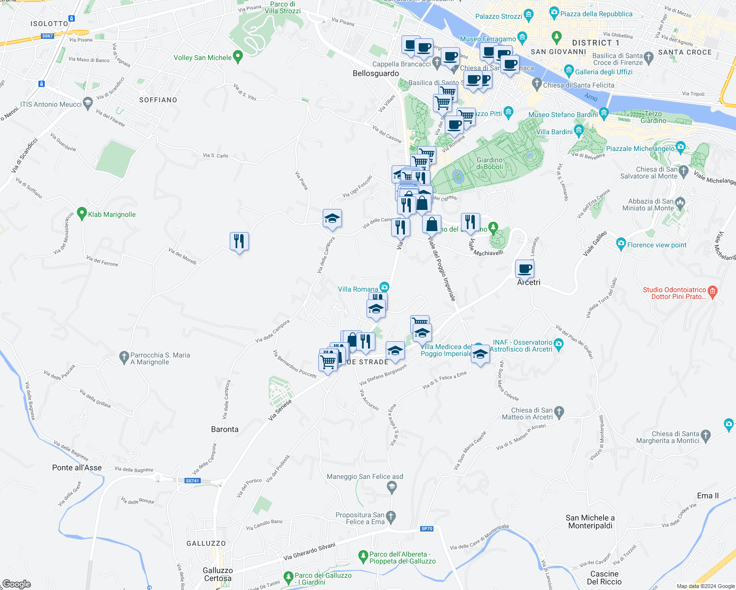 map of restaurants, bars, coffee shops, grocery stores, and more near Via Cardinale Leopoldo in Florence