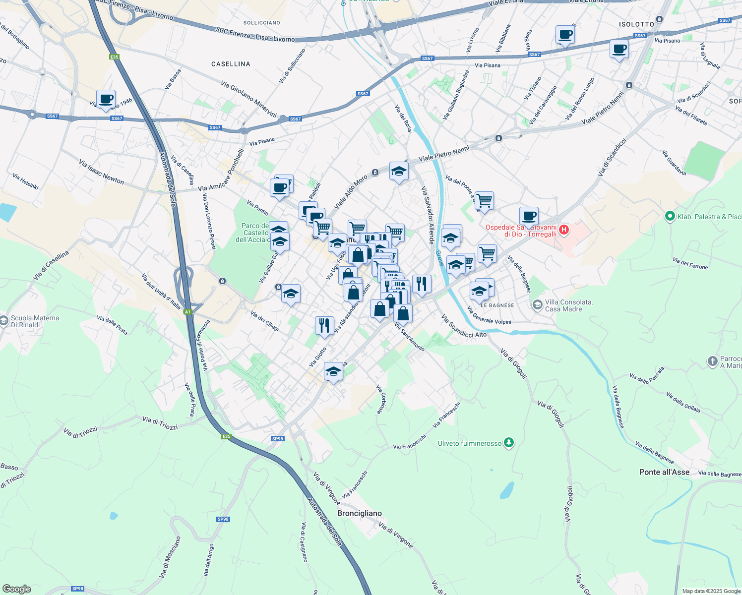 map of restaurants, bars, coffee shops, grocery stores, and more near 2 Via Renato Fucini in Scandicci