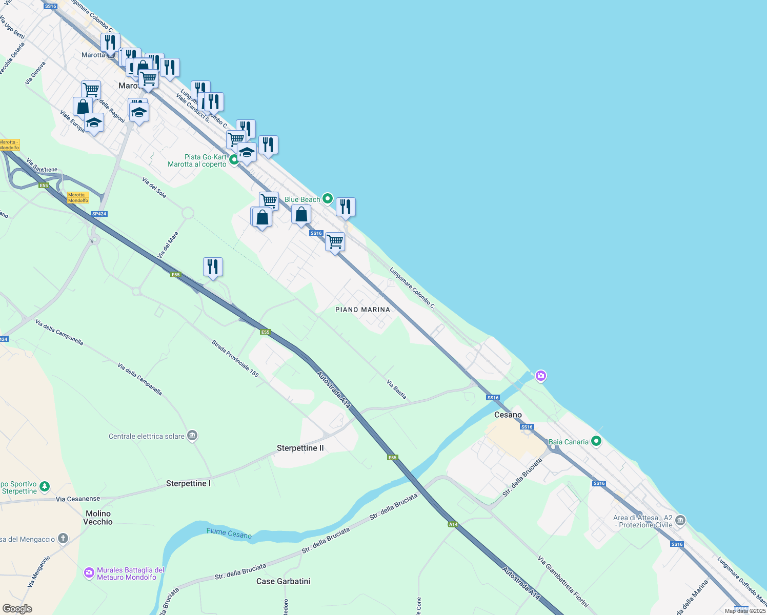 map of restaurants, bars, coffee shops, grocery stores, and more near 1 Via Raffaello Sanzio in Marotta