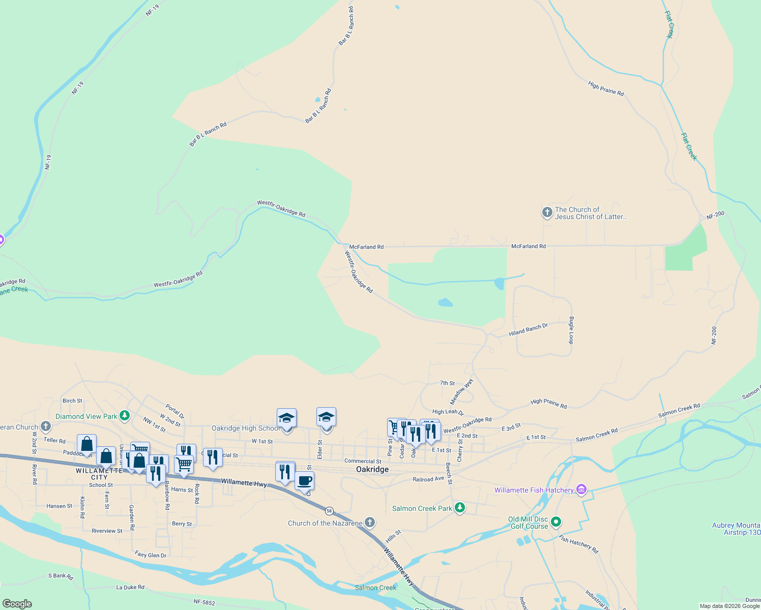 map of restaurants, bars, coffee shops, grocery stores, and more near 48232 Westoak Road in Westfir