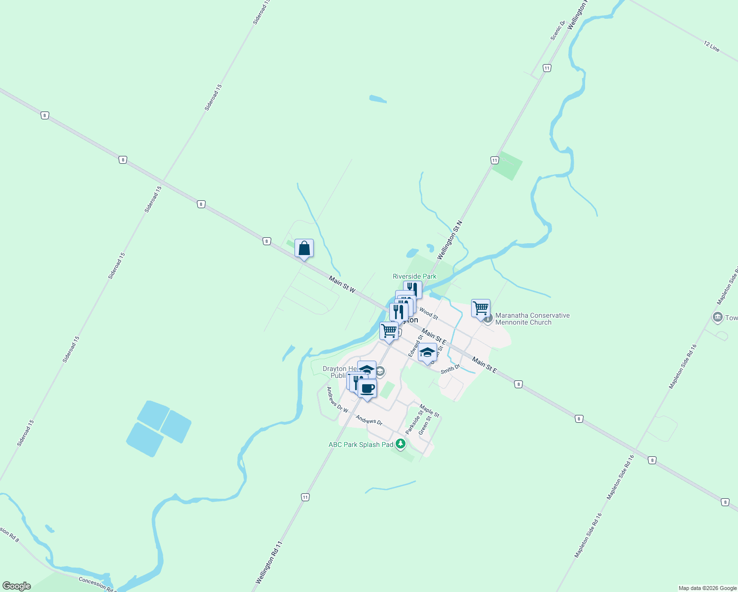 map of restaurants, bars, coffee shops, grocery stores, and more near 26 Market Street in Moorefield