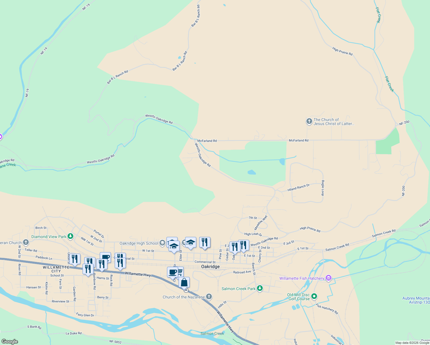 map of restaurants, bars, coffee shops, grocery stores, and more near 48232 Westoak Road in Westfir