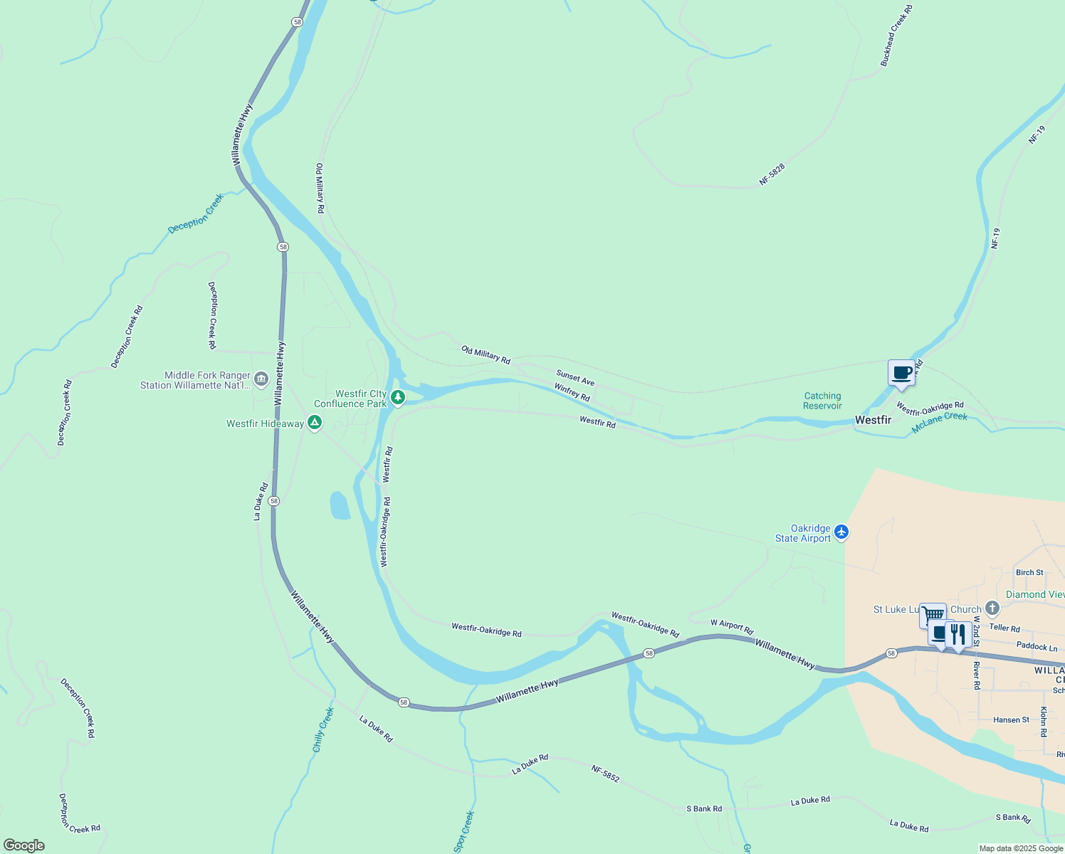 map of restaurants, bars, coffee shops, grocery stores, and more near 46762 Westfir Road in Westfir