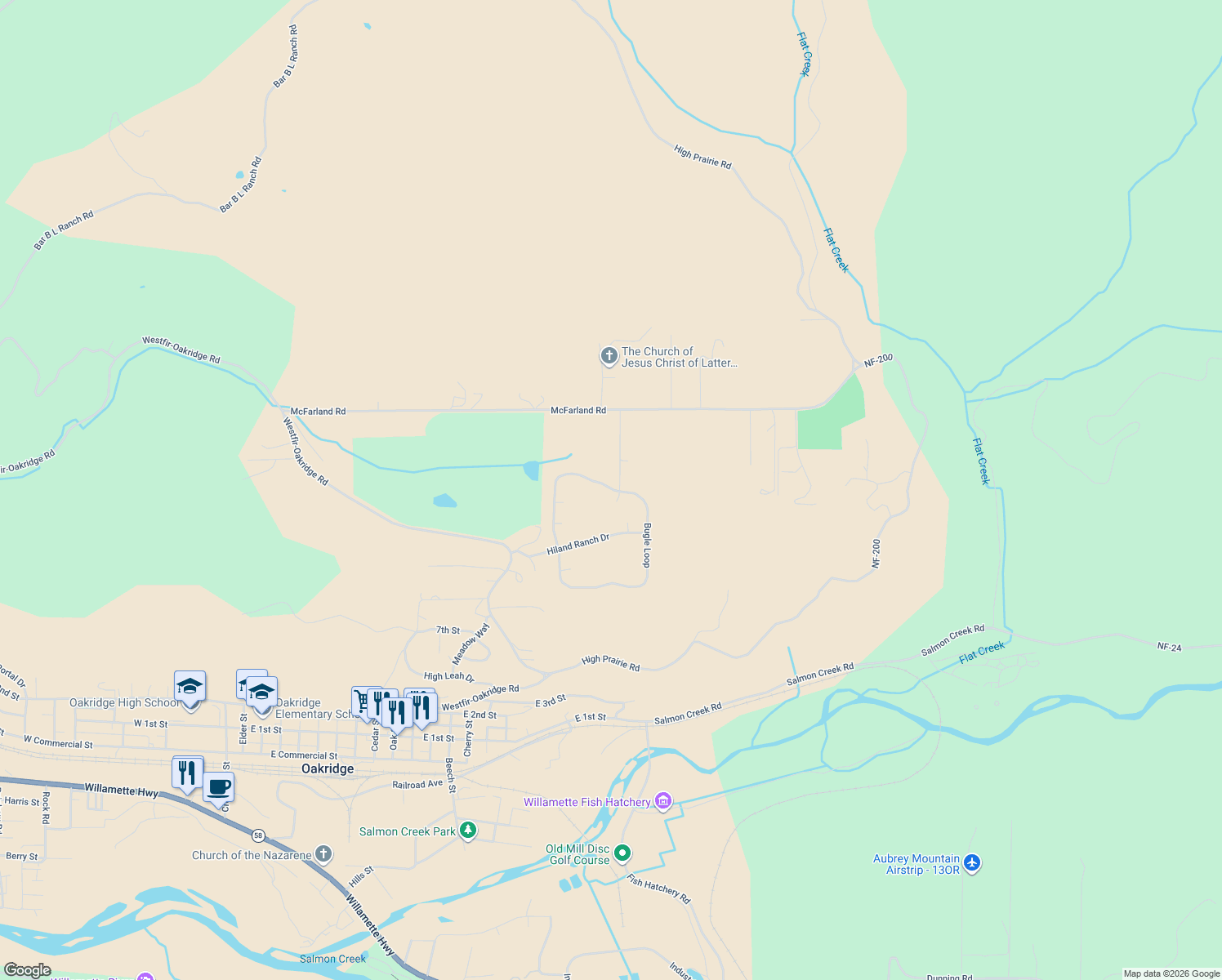 map of restaurants, bars, coffee shops, grocery stores, and more near 76754 Shed Lane in Oakridge