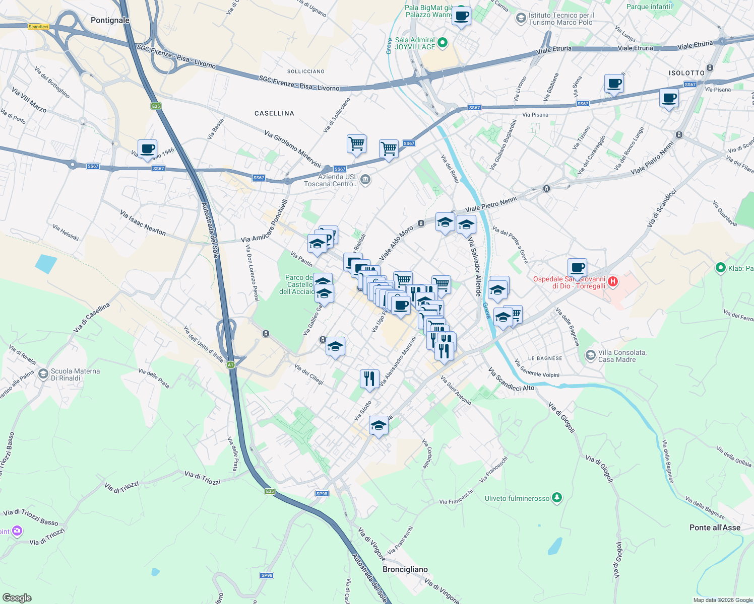 map of restaurants, bars, coffee shops, grocery stores, and more near 26 Via Grazia Deledda in Scandicci