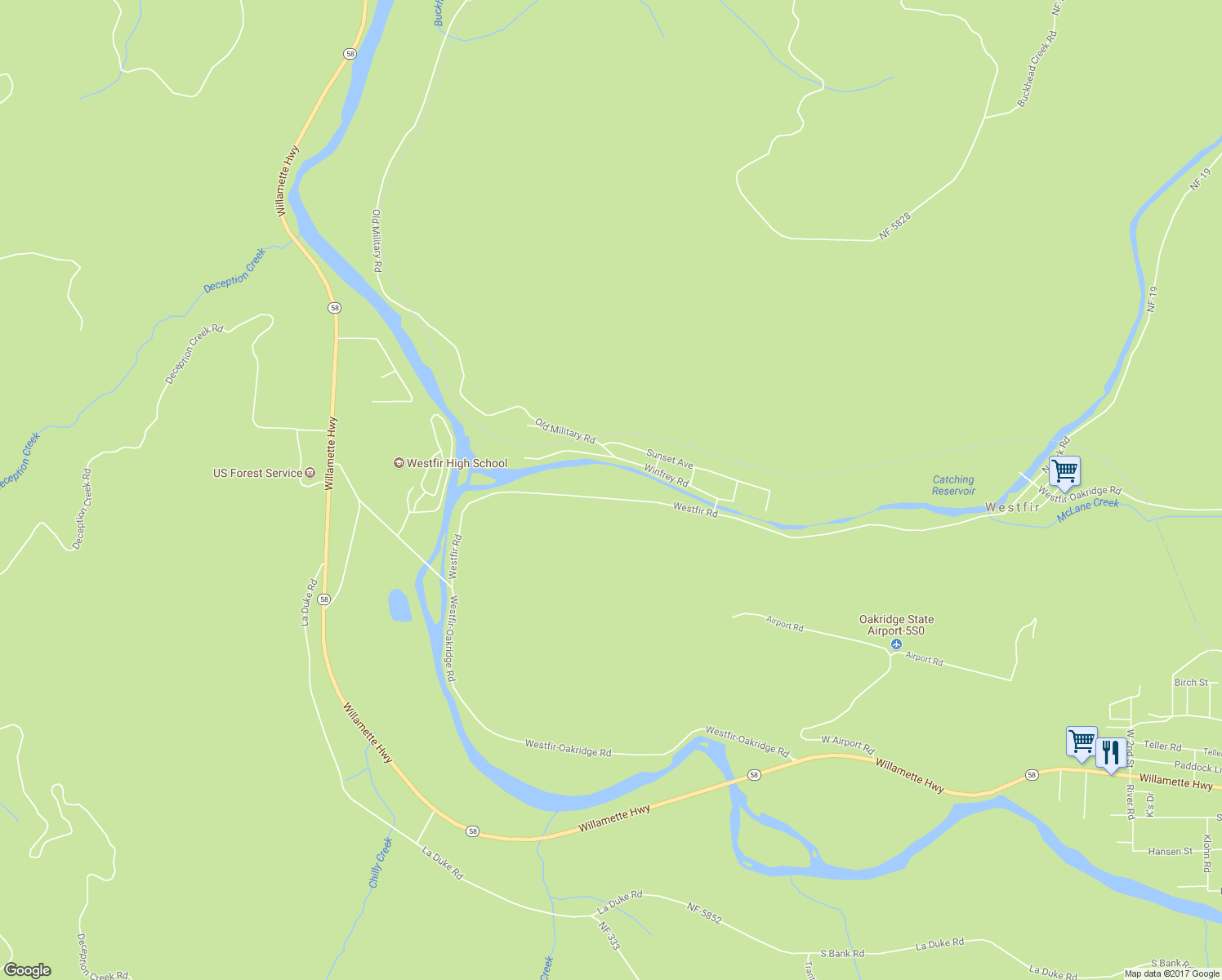 map of restaurants, bars, coffee shops, grocery stores, and more near 46749 Westfir Road in Westfir