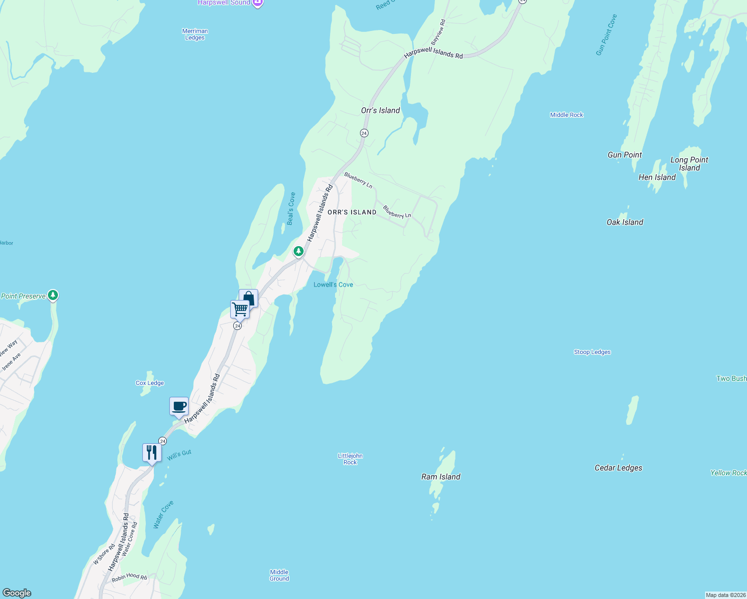 map of restaurants, bars, coffee shops, grocery stores, and more near 54 Back Shore Lane in Harpswell