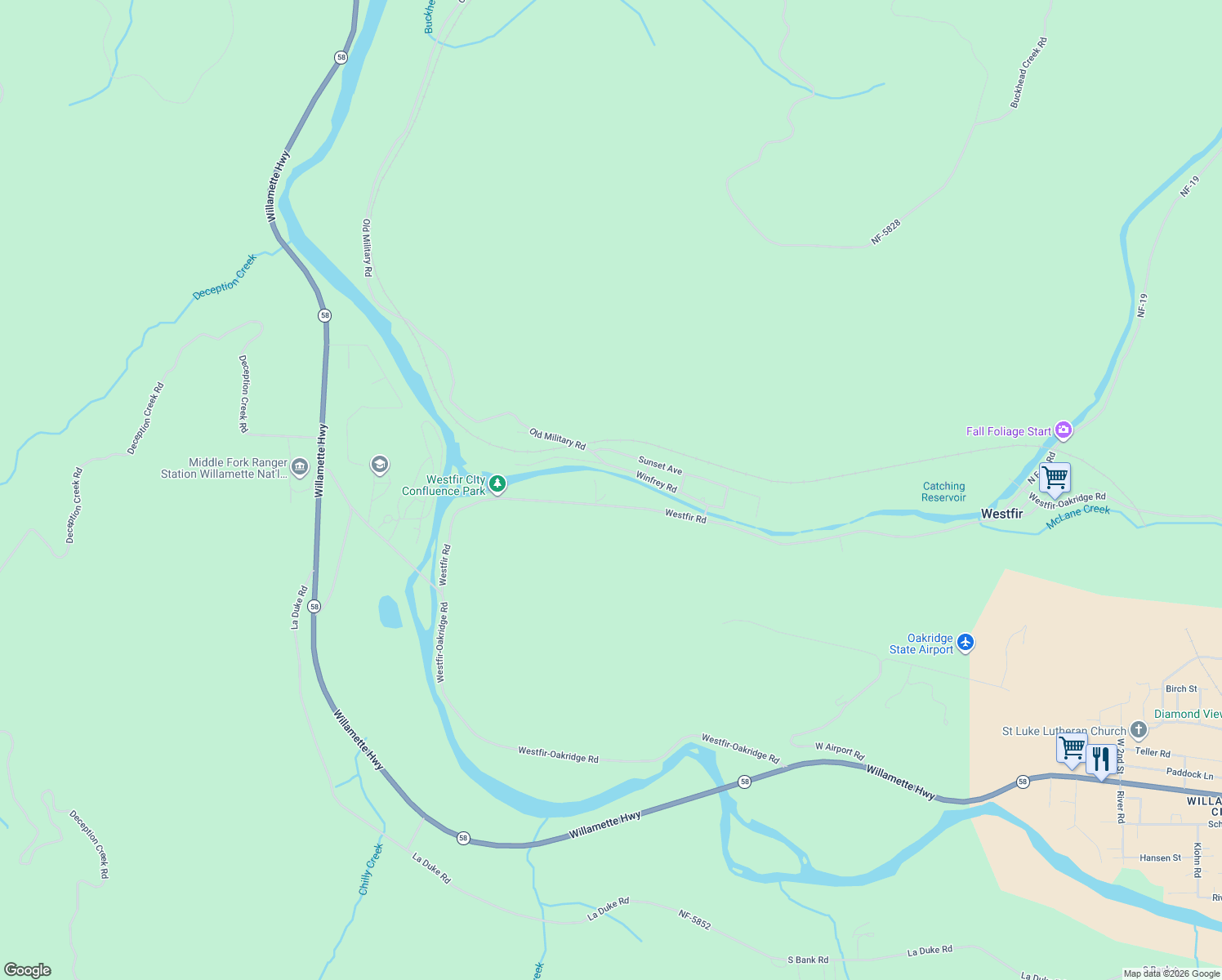 map of restaurants, bars, coffee shops, grocery stores, and more near 46749 Westfir Road in Westfir