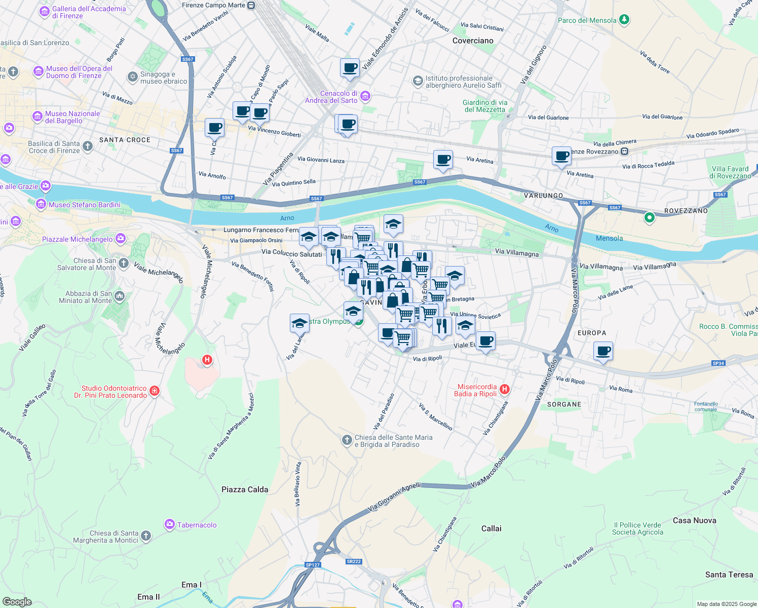 map of restaurants, bars, coffee shops, grocery stores, and more near 49 Via del Bandino in Firenze