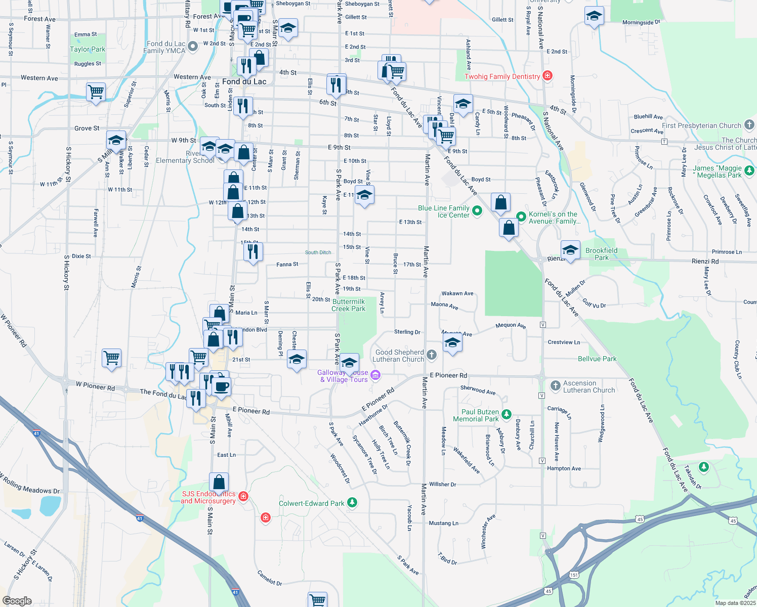 map of restaurants, bars, coffee shops, grocery stores, and more near 32 Arvey Lane in Fond du Lac