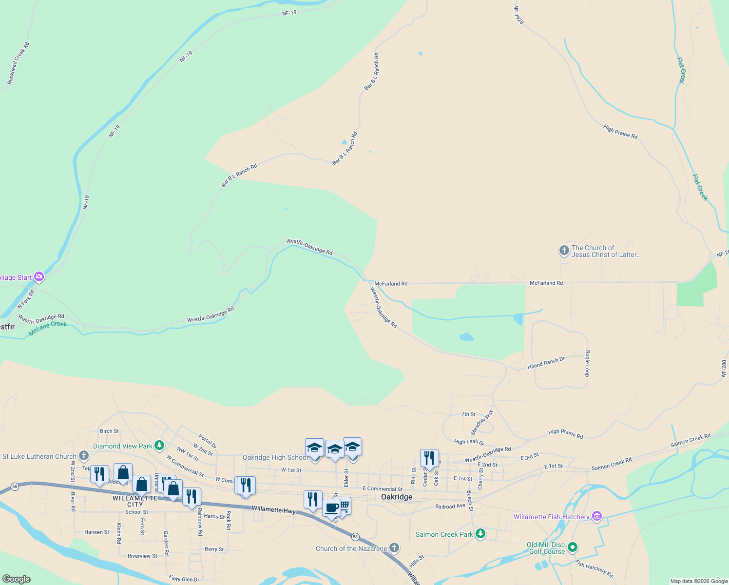 map of restaurants, bars, coffee shops, grocery stores, and more near 48156 Westoak Road in Westfir