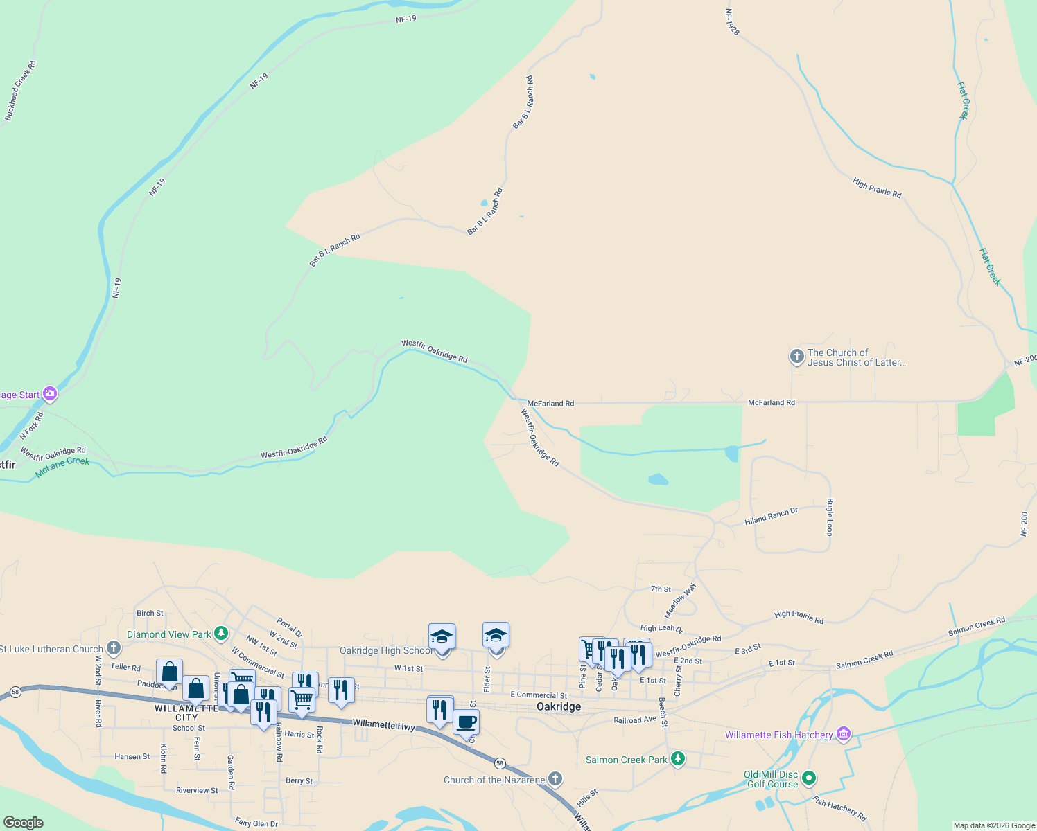 map of restaurants, bars, coffee shops, grocery stores, and more near 48156 Westoak Road in Westfir