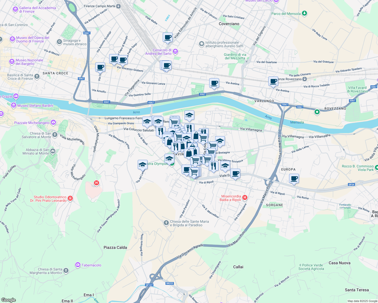 map of restaurants, bars, coffee shops, grocery stores, and more near 49 Via del Bandino in Florence