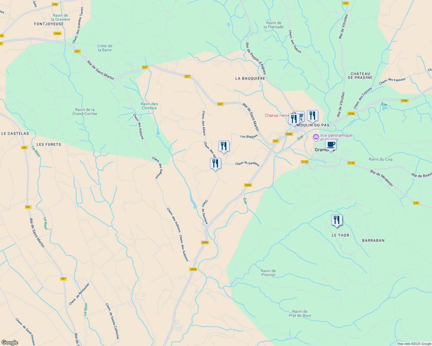 map of restaurants, bars, coffee shops, grocery stores, and more near Le Sautaire in Grambois