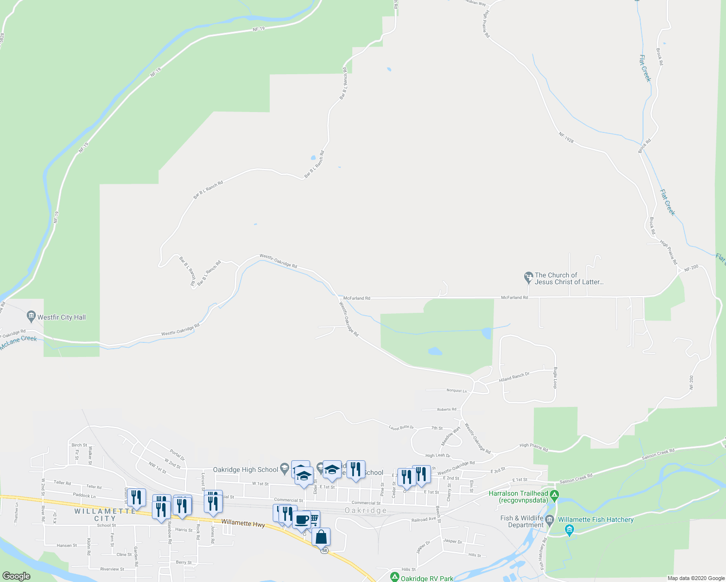 map of restaurants, bars, coffee shops, grocery stores, and more near 48217 McFarland Road in Oakridge
