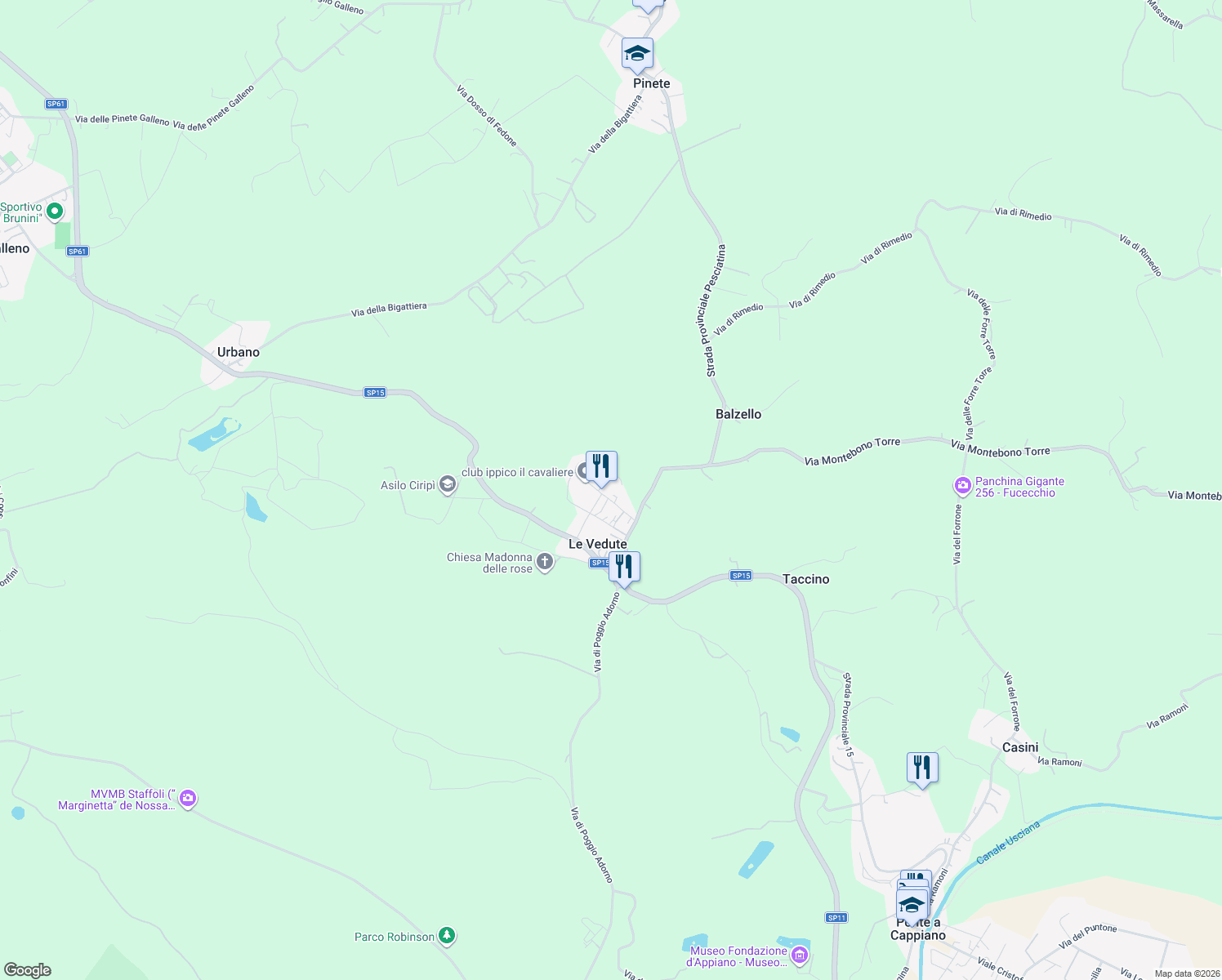 map of restaurants, bars, coffee shops, grocery stores, and more near 112 Via Romana Lucchese in Le Vedute