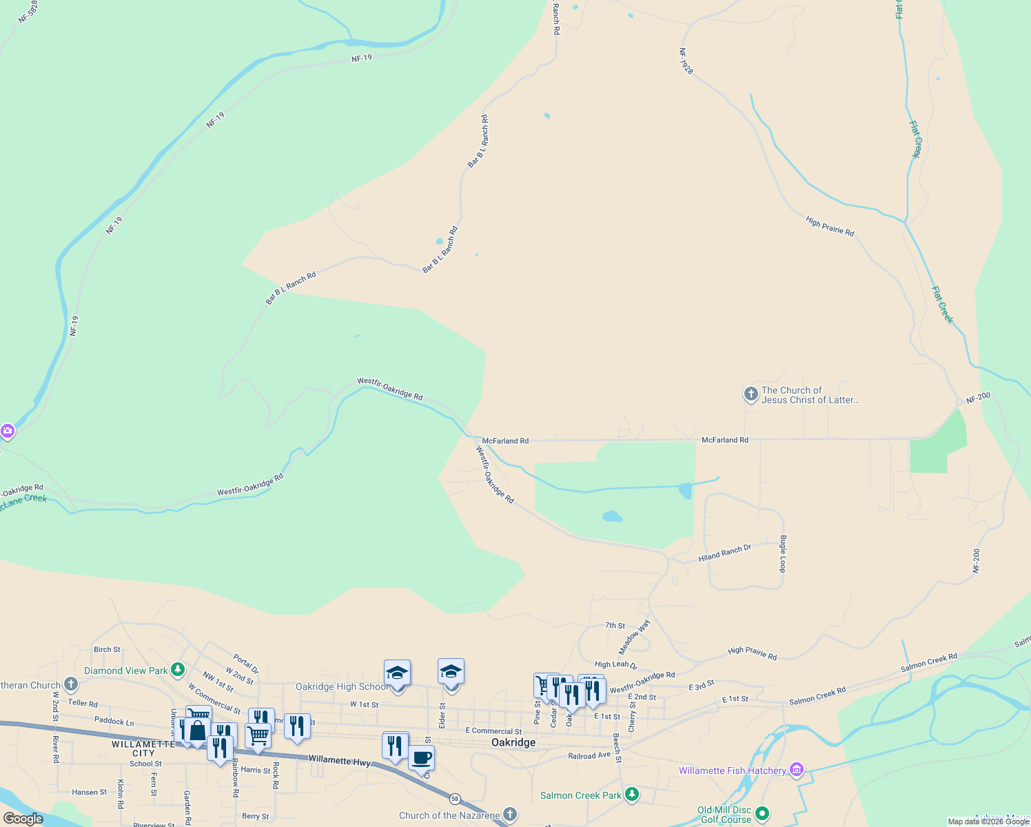 map of restaurants, bars, coffee shops, grocery stores, and more near 48187 McFarland Road in Oakridge