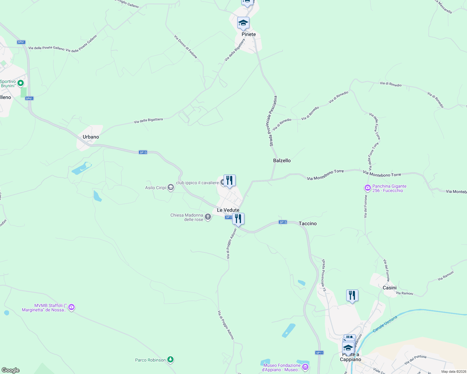 map of restaurants, bars, coffee shops, grocery stores, and more near 112 Via Romana Lucchese in Le Vedute