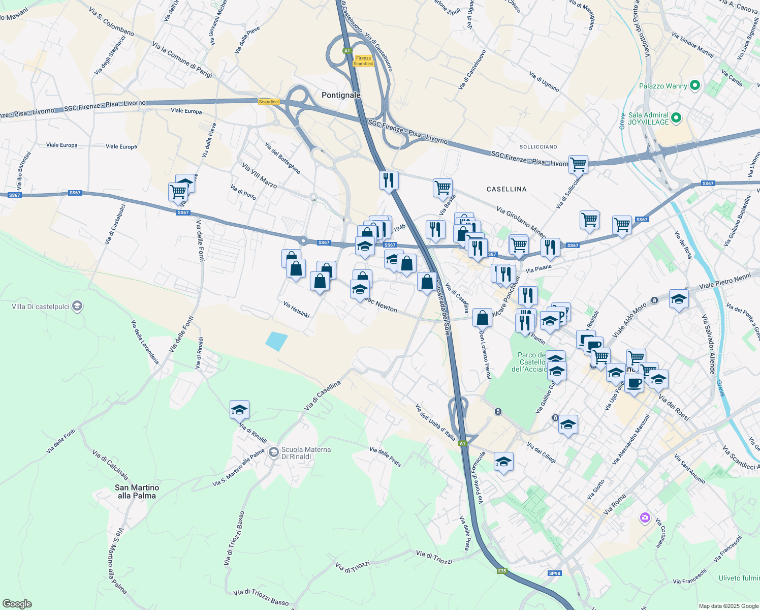 map of restaurants, bars, coffee shops, grocery stores, and more near 21 Via Isaac Newton in Scandicci
