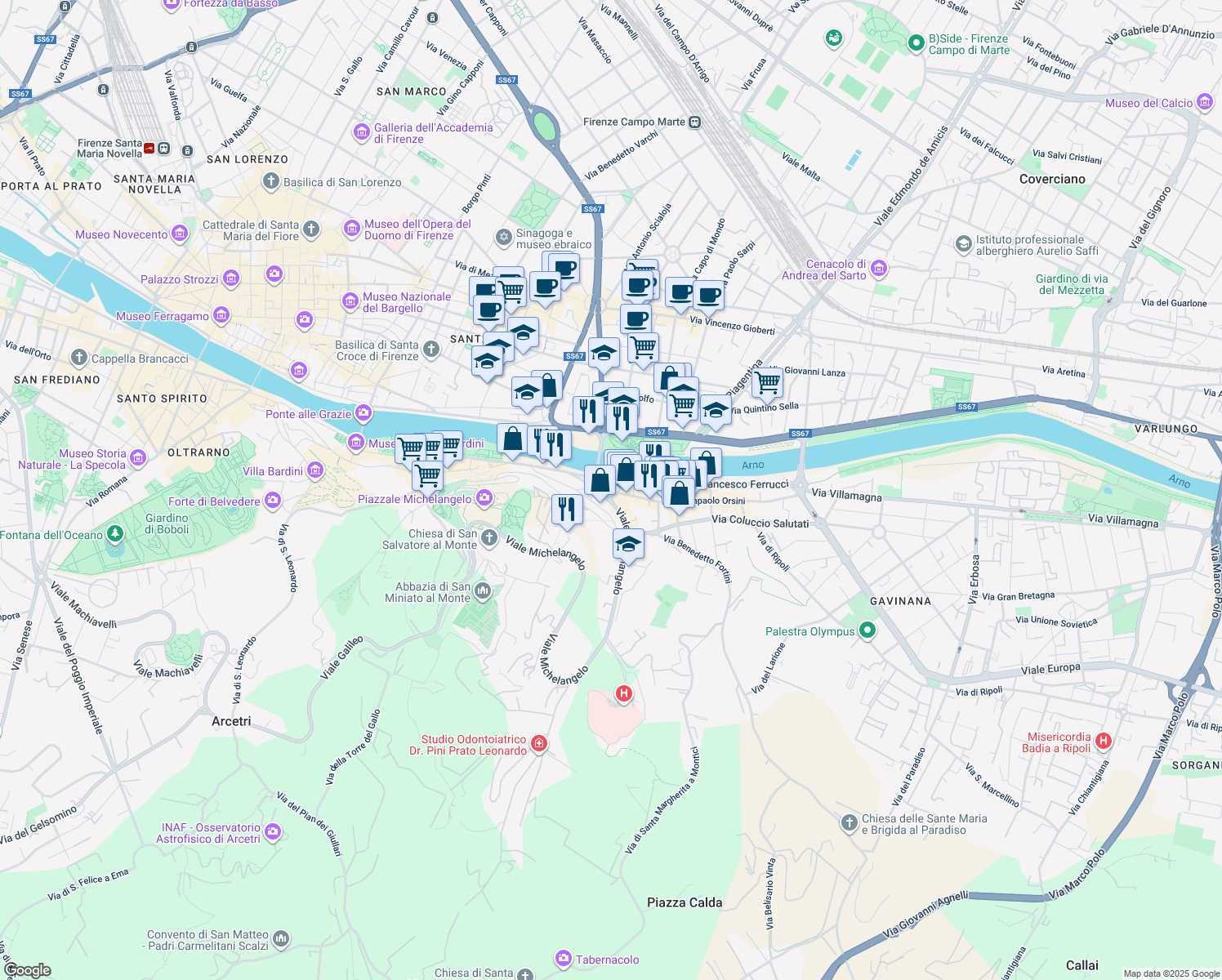 map of restaurants, bars, coffee shops, grocery stores, and more near 1 Lungarno Benvenuto Cellini in Firenze