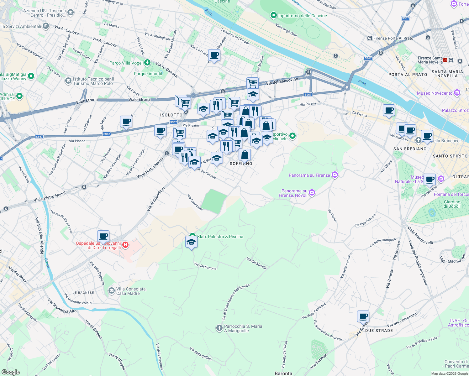 map of restaurants, bars, coffee shops, grocery stores, and more near 1 Via del Filarete in Florence