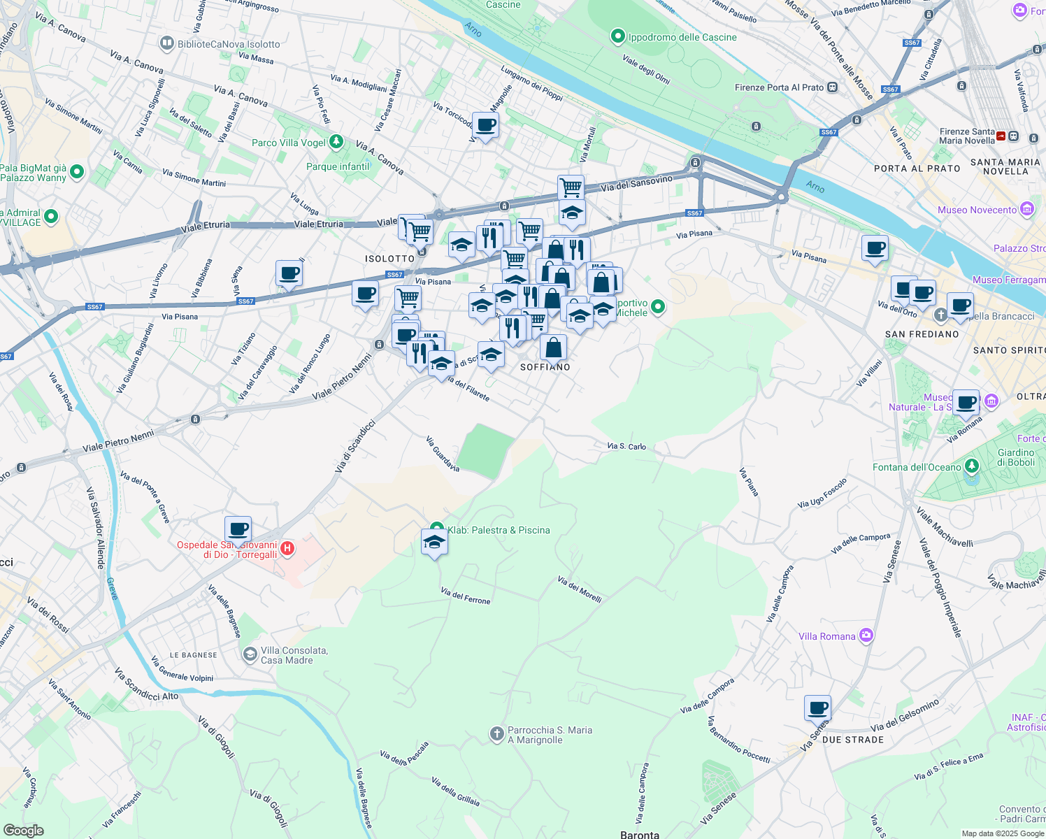 map of restaurants, bars, coffee shops, grocery stores, and more near 1 Via del Filarete in Firenze