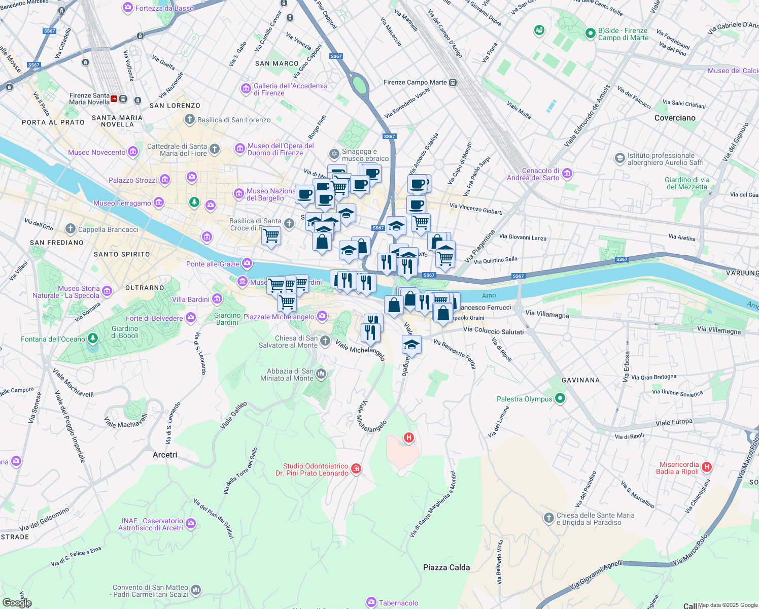 map of restaurants, bars, coffee shops, grocery stores, and more near 1 Lungarno Benvenuto Cellini in Firenze