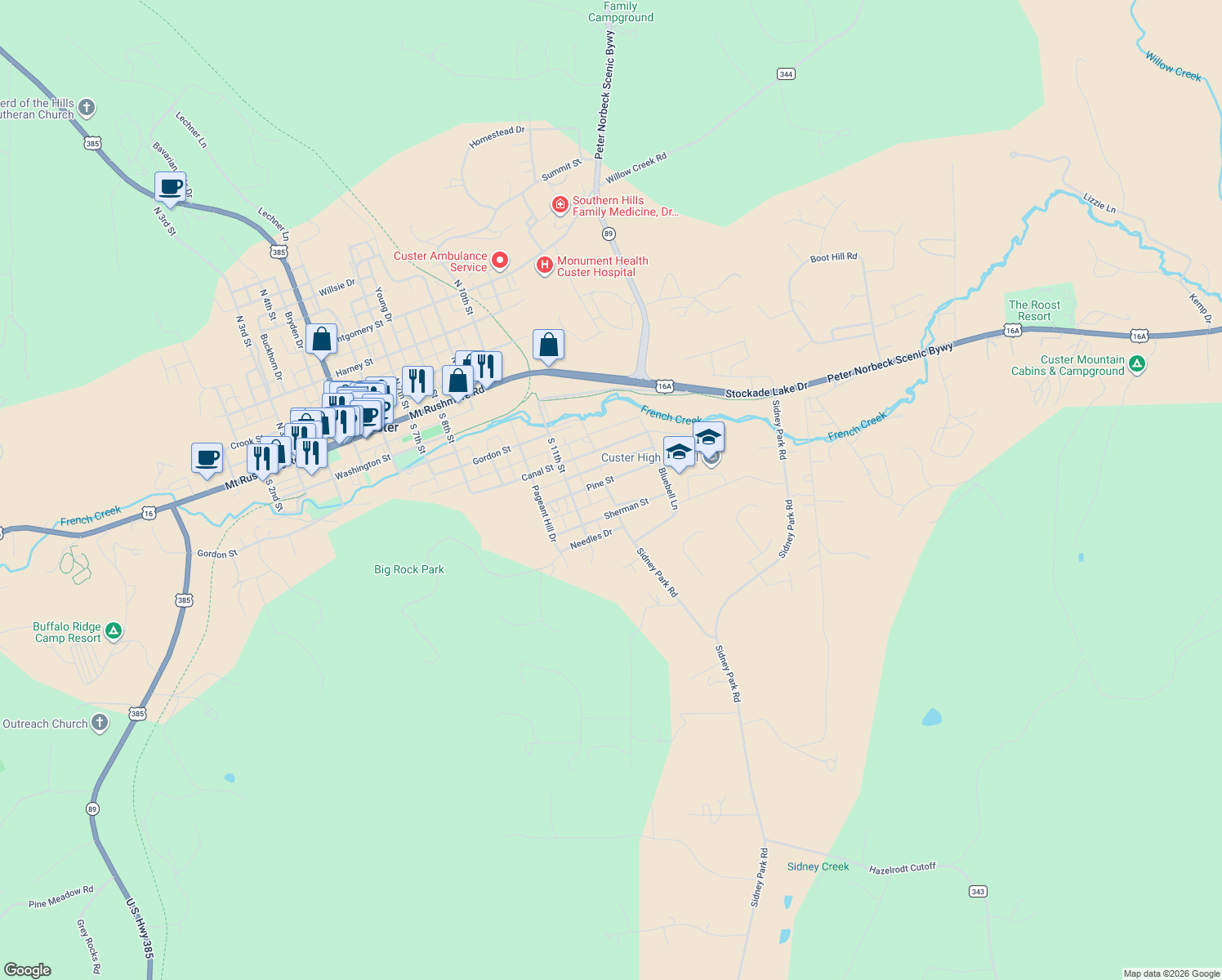 map of restaurants, bars, coffee shops, grocery stores, and more near Park Ave in Custer