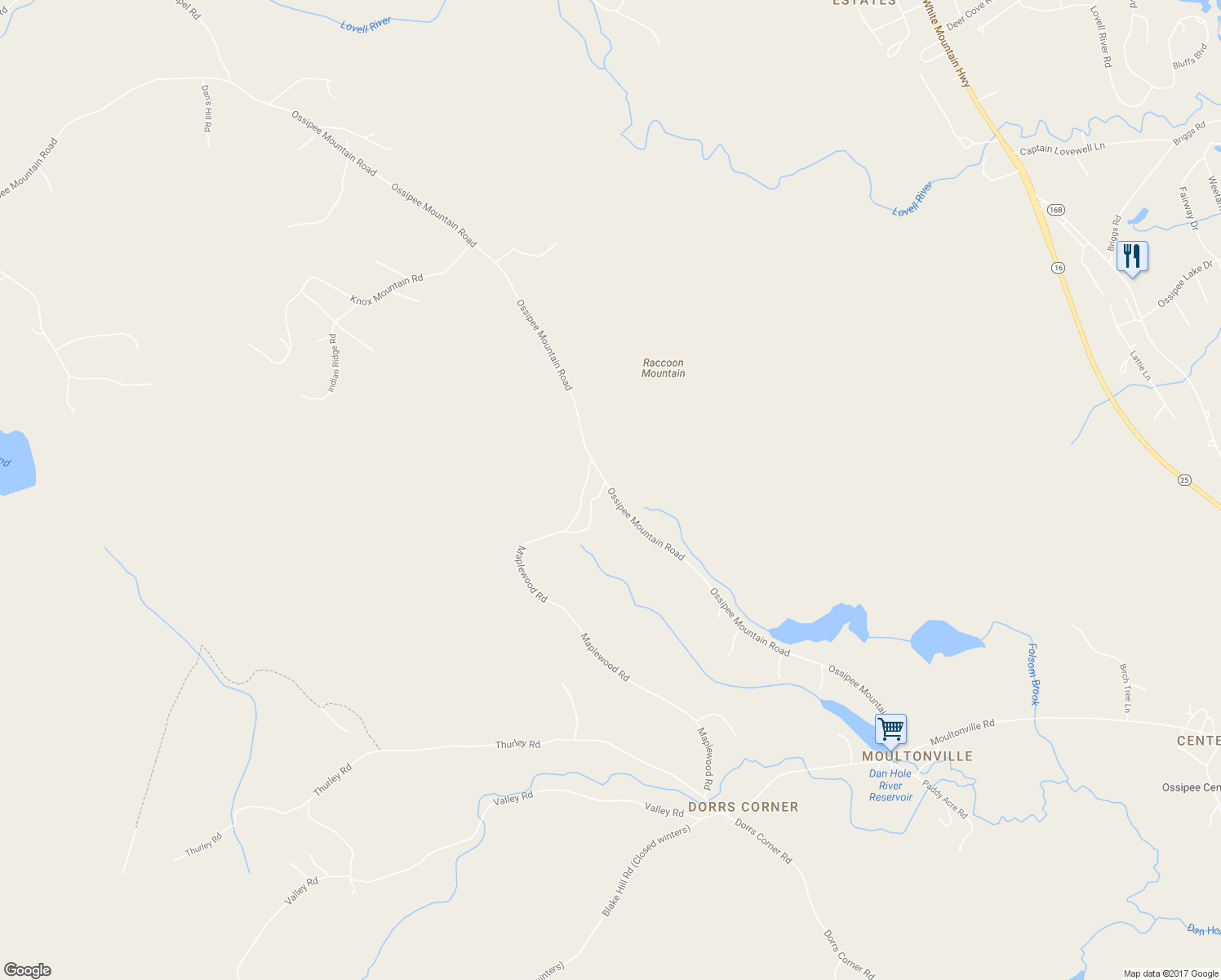 map of restaurants, bars, coffee shops, grocery stores, and more near 218 Ossipee Mountain Road in Ossipee