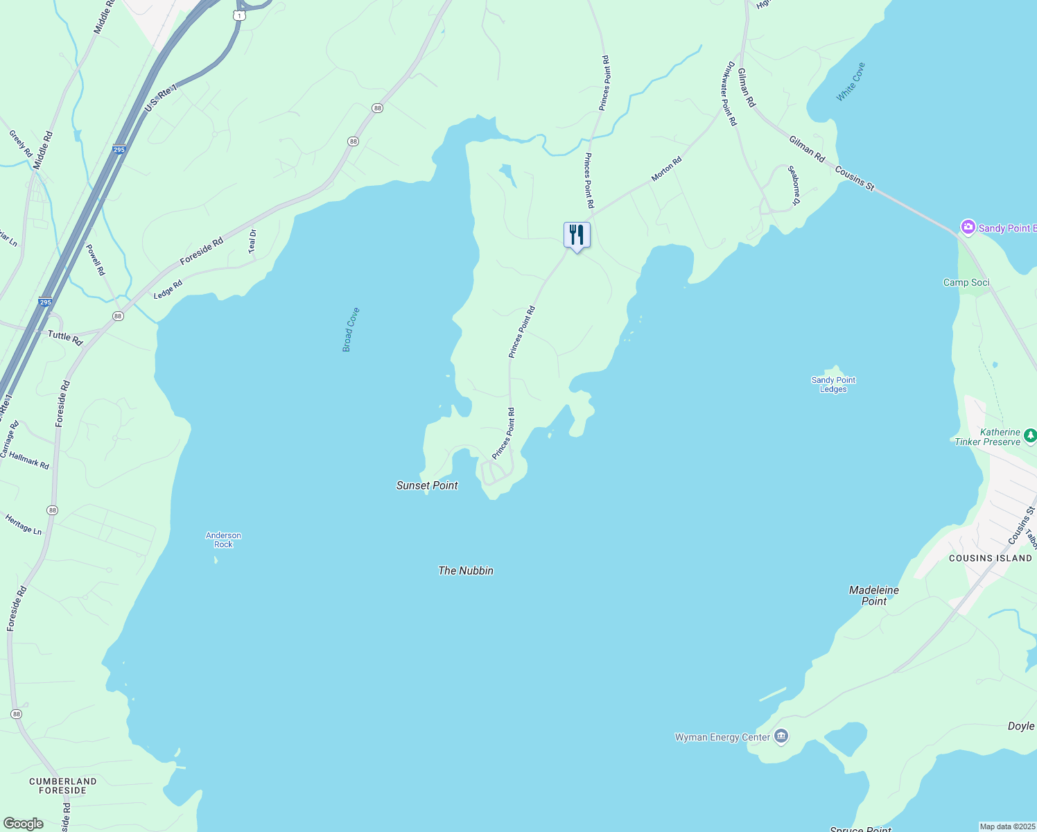 map of restaurants, bars, coffee shops, grocery stores, and more near 748 Princes Point Road in Yarmouth