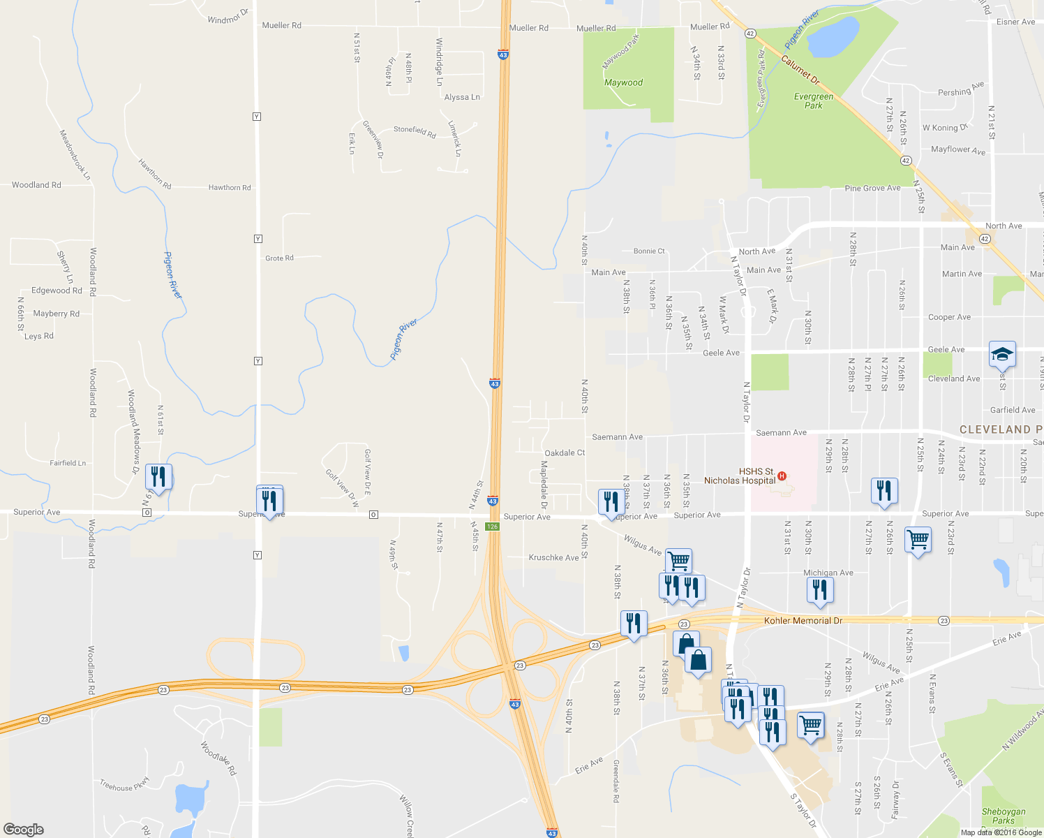 map of restaurants, bars, coffee shops, grocery stores, and more near 4218 Kirkwood Court in Sheboygan