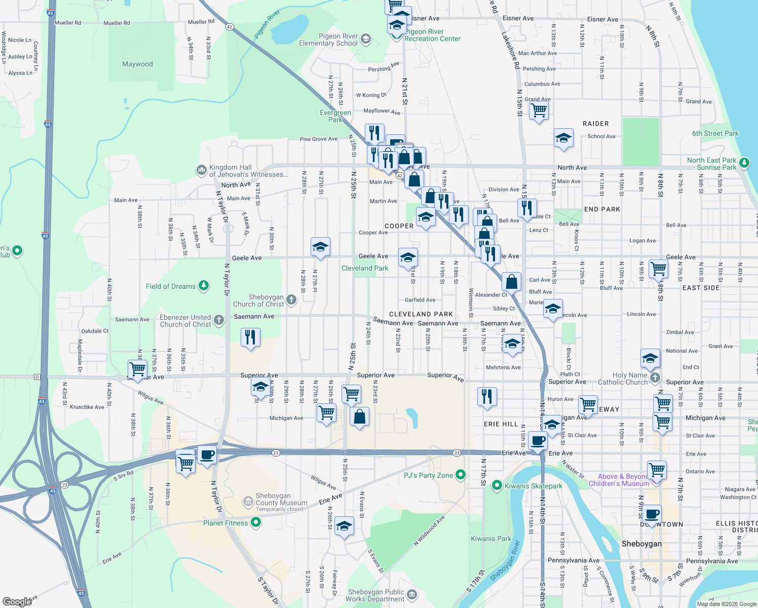 map of restaurants, bars, coffee shops, grocery stores, and more near 1840 N 23rd St in Sheboygan