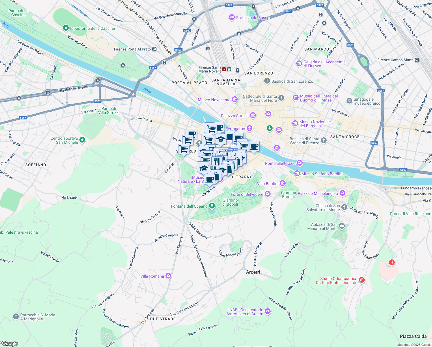 map of restaurants, bars, coffee shops, grocery stores, and more near 3 Via dei Preti in Firenze